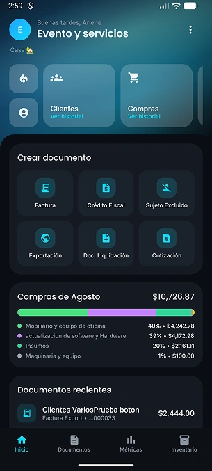 Pantalla principal de la app de SmartBill